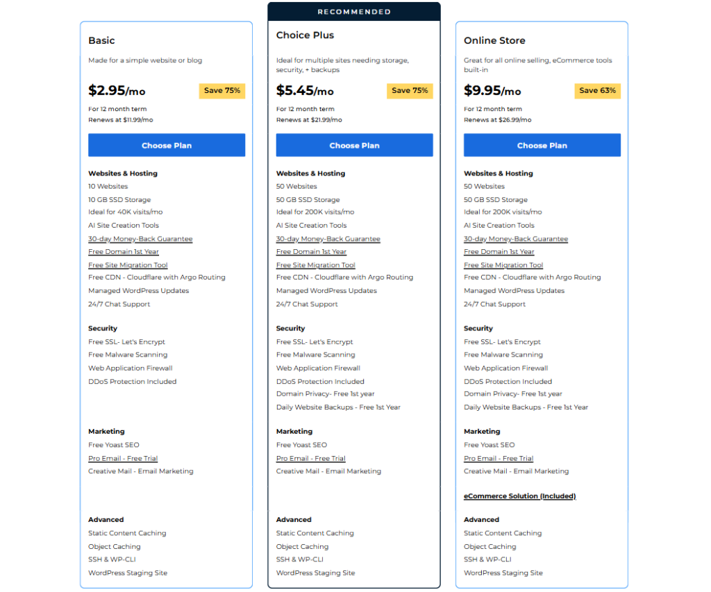 Bluehost web hosting pricing plan screenshot